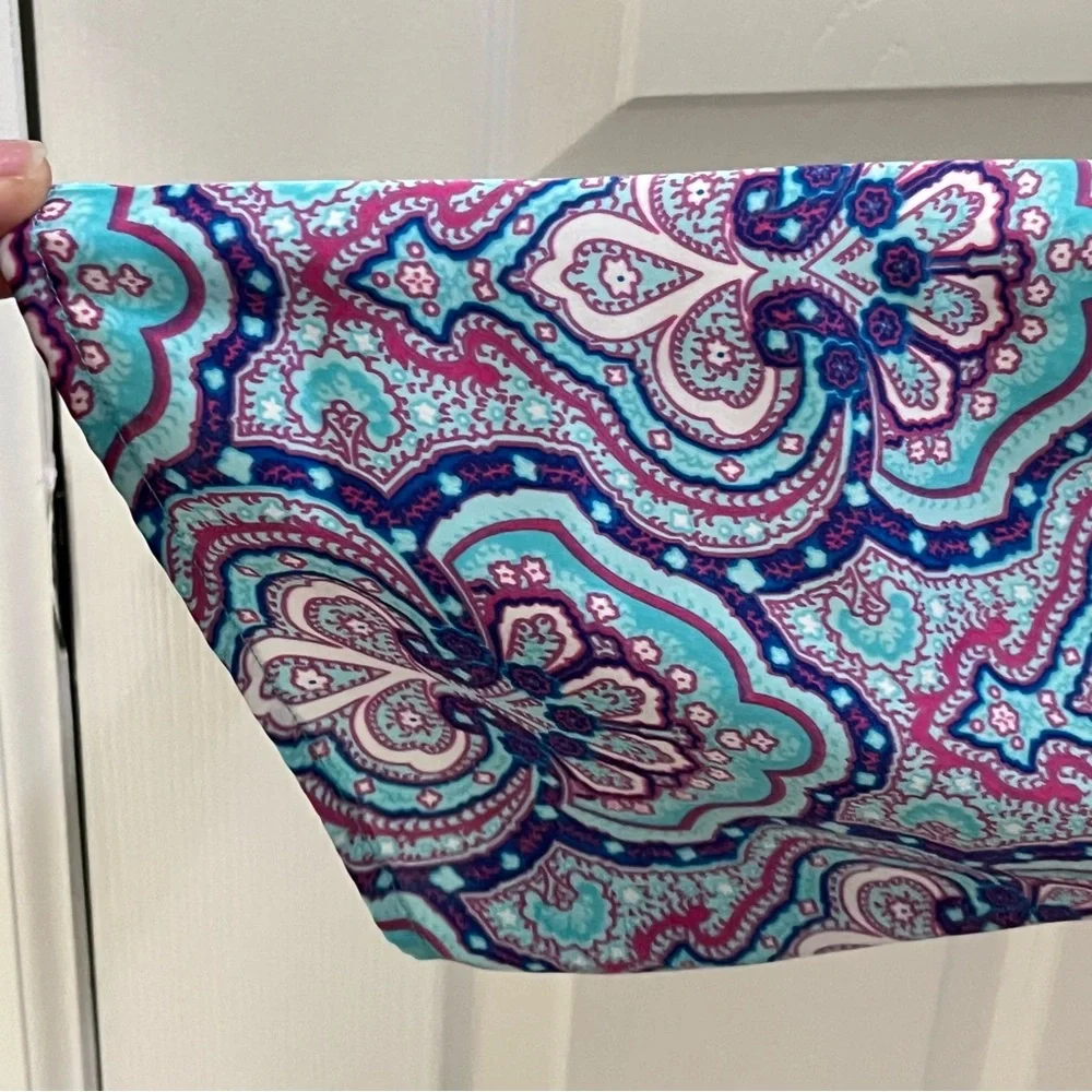 Michael Kors Blouse M/L Blue Multi Pattern RollTab Sleeve Elastic Gathered Waist